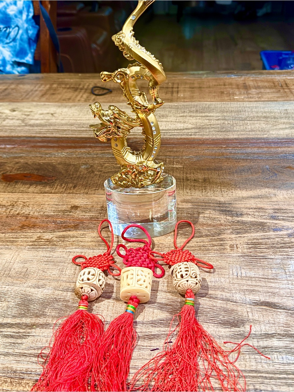 Gold Earth dragon with 3 real bone lamps -Feng Shui symbol of balance and pro